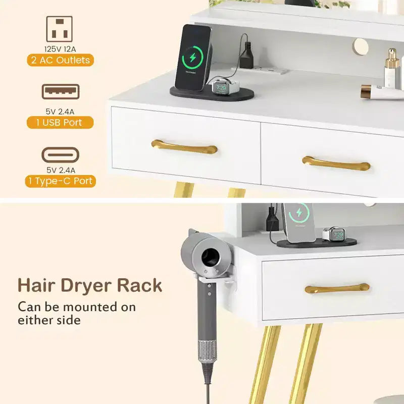 Costway Modern Vanity Desk Set with Charging Station,Hair Dryer Holder & 3-Color LED Mirror