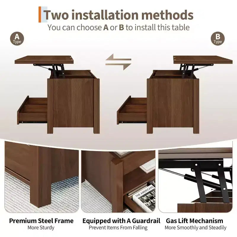 Coffee Table, 4 in 1 Convertible Lift Top Coffee Table with Storage for Living Room - 40 Storage Coffee Tables with 2 Drawers