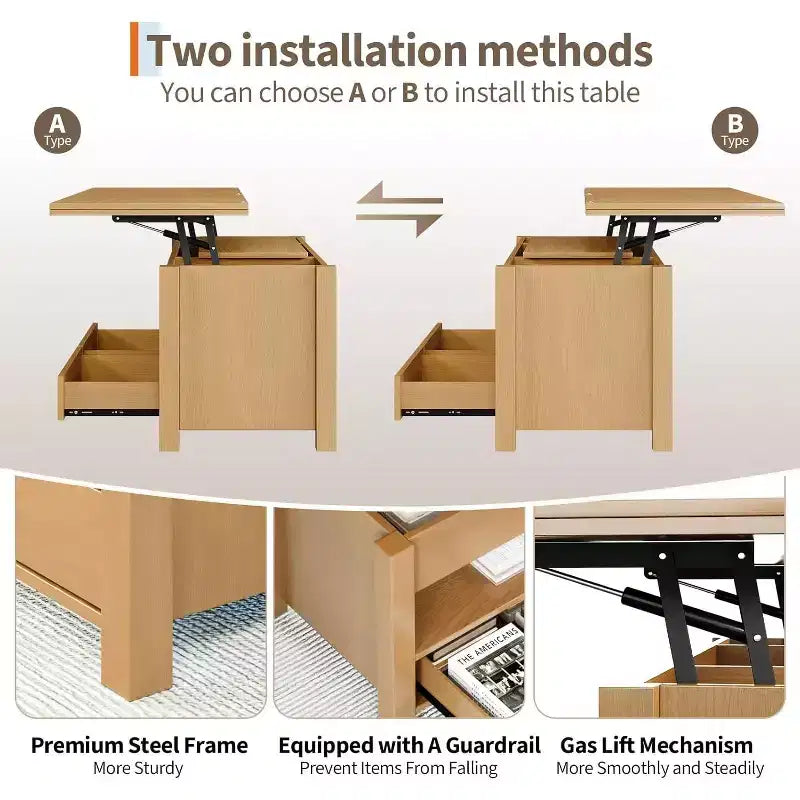 Coffee Table, 4 in 1 Convertible Lift Top Coffee Table with Storage for Living Room - 40 Storage Coffee Tables with 2 Drawers