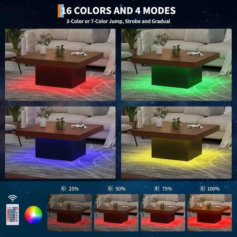 Square Coffee Table, 16-Color LED Living Room Tables, Modern Coffee Tables, Cocktail Table for Home Office, Apartment, Reading Room, Easy Assembly
