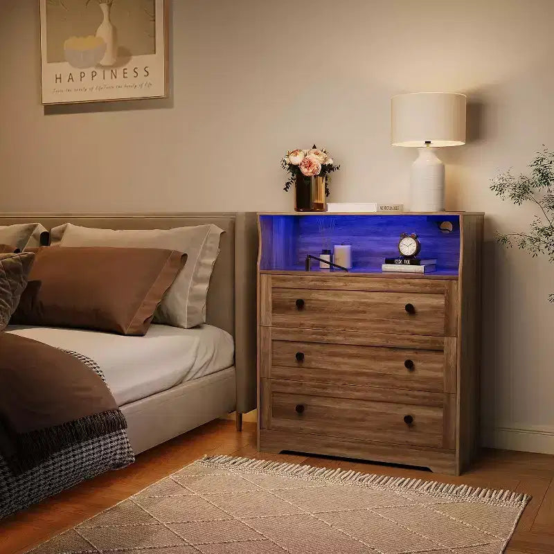 31.5 Wide 3-Drawer Dresser, with Open Storage Shelf for Living Room, Antique Light