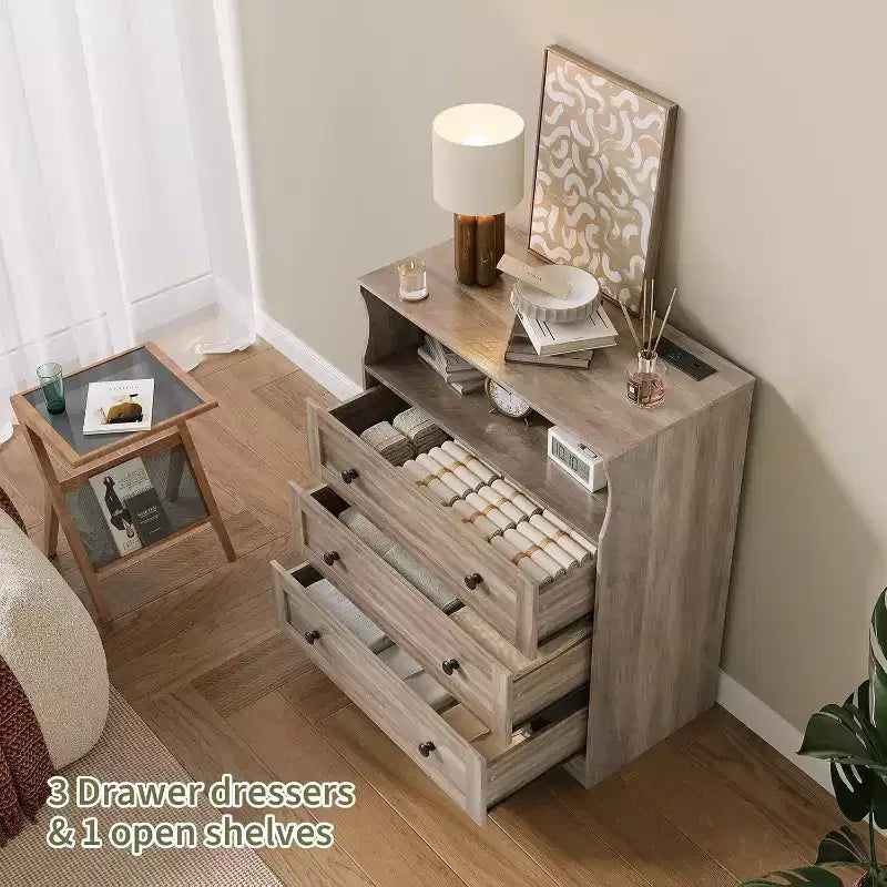 31.5 Wide 3-Drawer Dresser, with Open Storage Shelf for Living Room, Antique Light