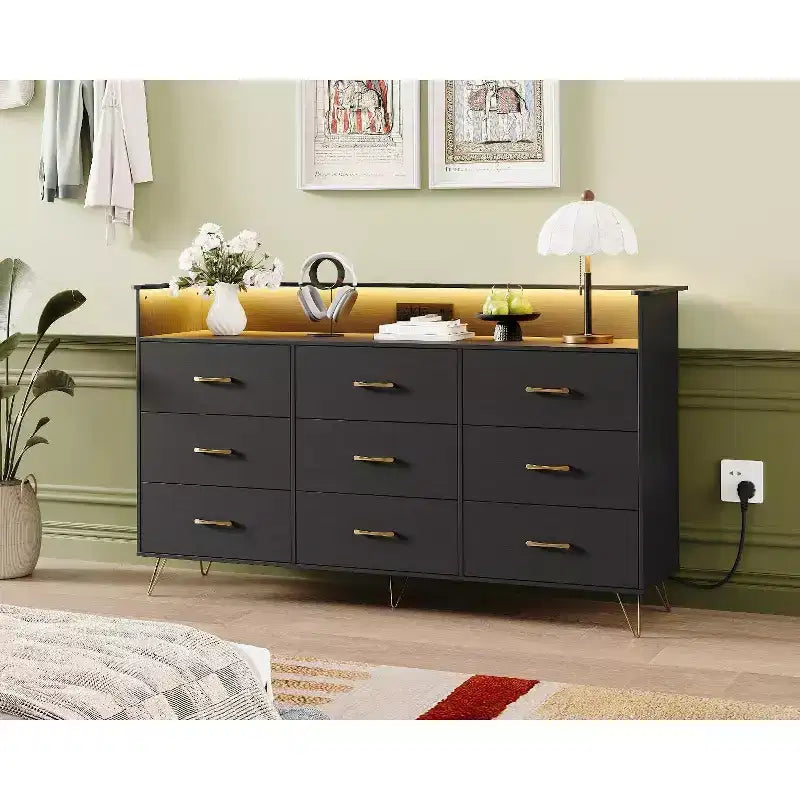 9-Drawer Tall Wooden Dresser, with APP-Controlled RGB Light & Charging Station for Living Room, Black