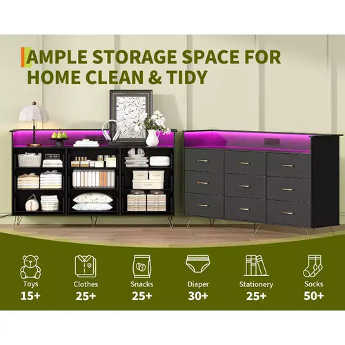 Commode haute en bois à 9 tiroirs, avec lumière RVB contrôlée par application et station de charge pour salon, noire