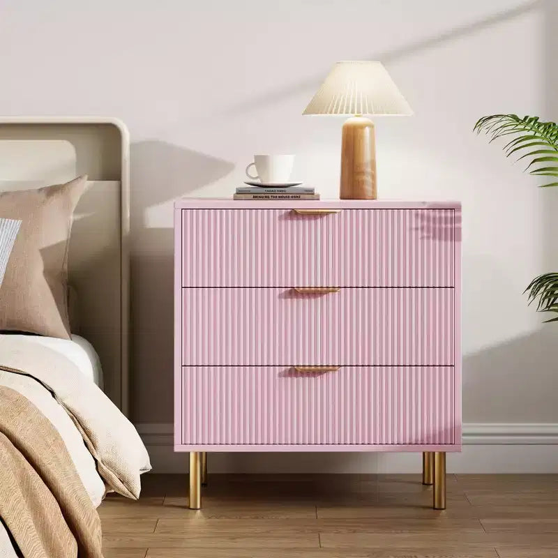 Modern 3-Drawer Dresser, with Gold Handle & Large Drawer for Bedroom Storage, Pink