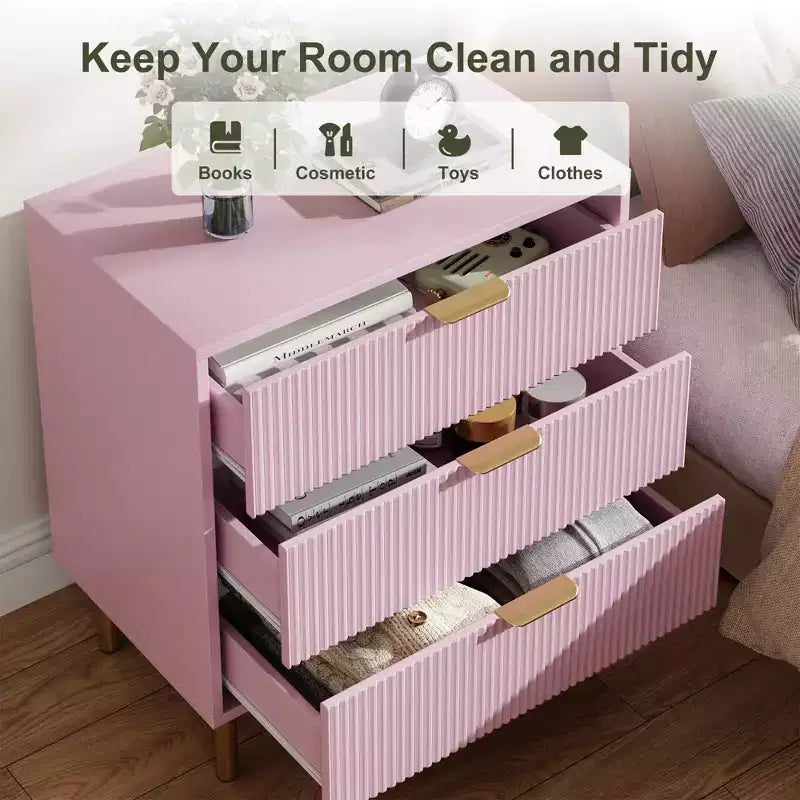 Modern 3-Drawer Dresser, with Gold Handle & Large Drawer for Bedroom Storage, Pink