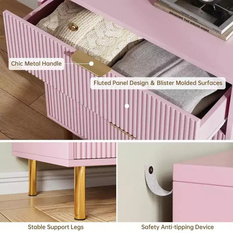 Modern 3-Drawer Dresser, with Gold Handle & Large Drawer for Bedroom Storage, Pink