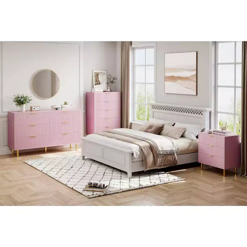 Modern 3-Drawer Dresser, with Gold Handle & Large Drawer for Bedroom Storage, Pink