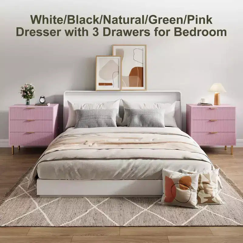 Modern 3-Drawer Dresser, with Gold Handle & Large Drawer for Bedroom Storage, Pink