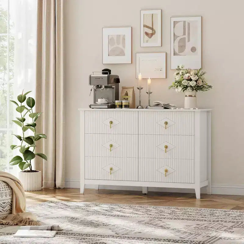 48 Wide 6-Drawer Dresser, Modern Chest with Metal Handles for Bedroom Storage, White