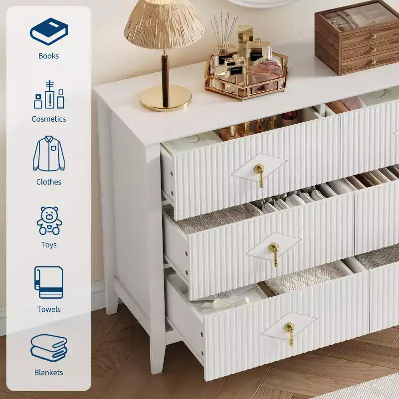 48 Wide 6-Drawer Dresser, Modern Chest with Metal Handles for Bedroom Storage, White