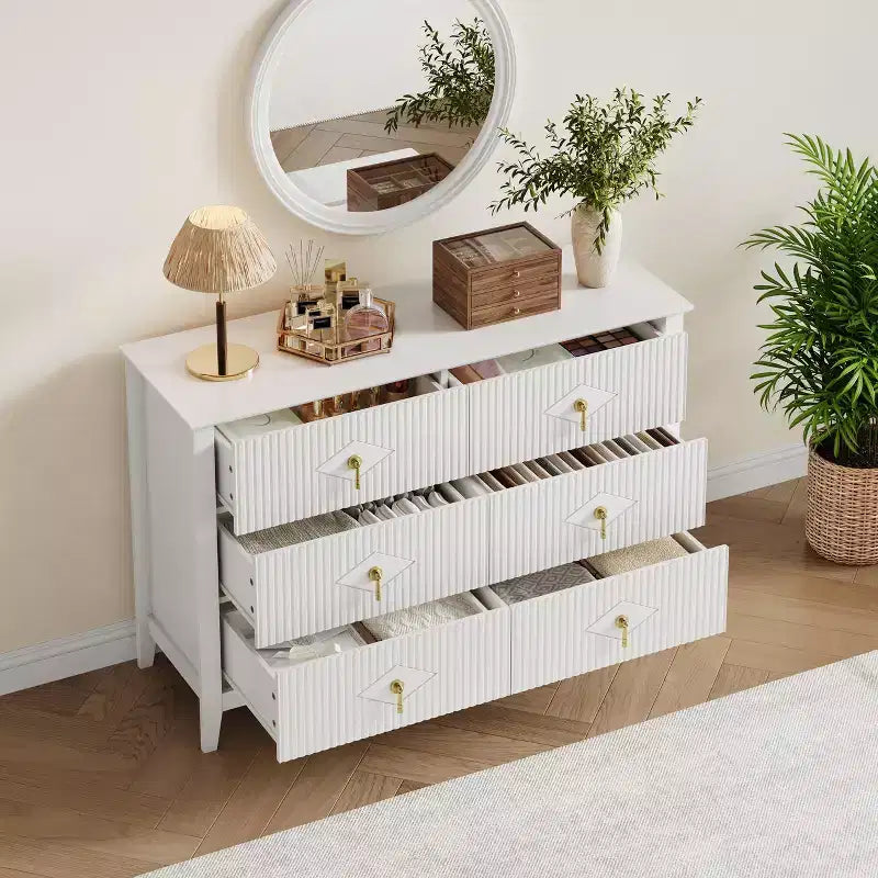 48 Wide 6-Drawer Dresser, Modern Chest with Metal Handles for Bedroom Storage, White