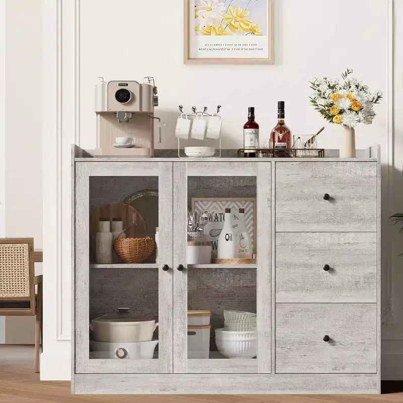 43 Buffet Cabinet, with Guardrail, Adjustable Shelves & 3 Drawers for Kitchen, Gray