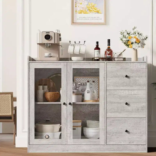 43 Buffet Cabinet, with Guardrail, Adjustable Shelves & 3 Drawers for Kitchen, Gray