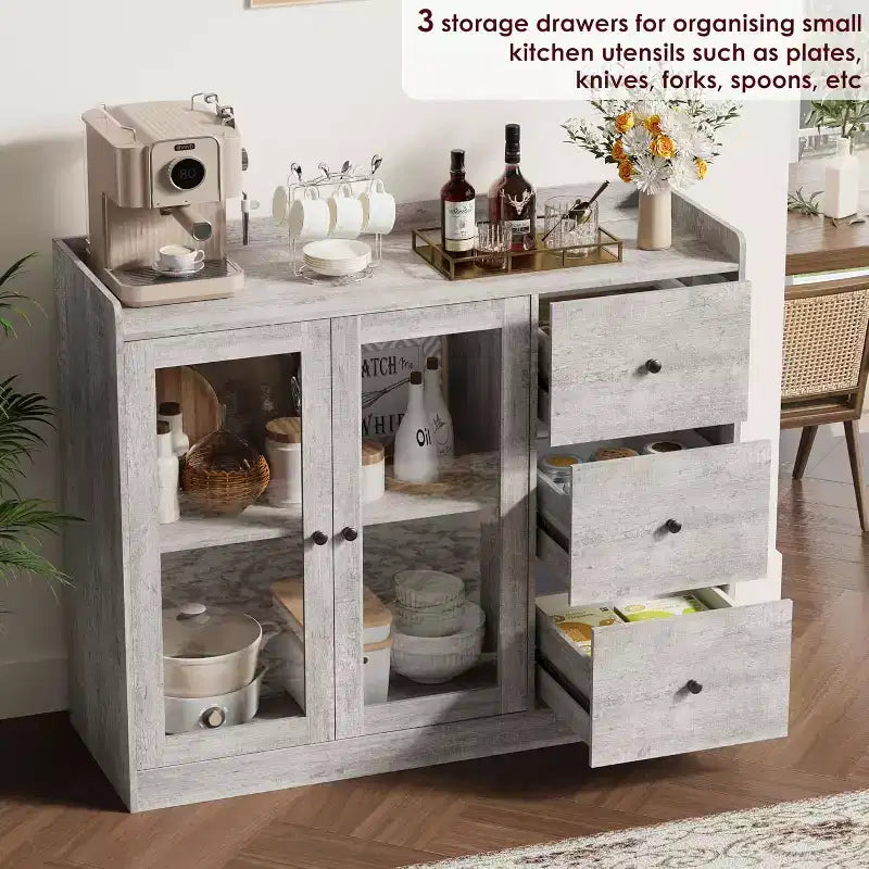 43 Buffet Cabinet, with Guardrail, Adjustable Shelves & 3 Drawers for Kitchen, Gray