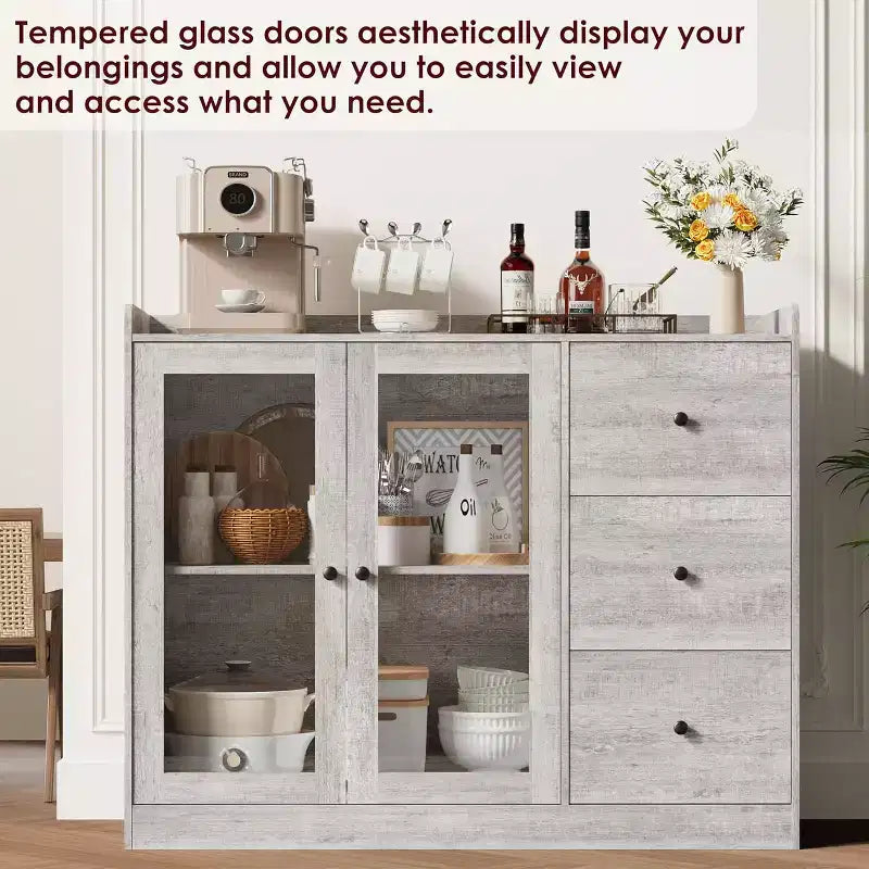 43 Buffet Cabinet, with Guardrail, Adjustable Shelves & 3 Drawers for Kitchen, Gray