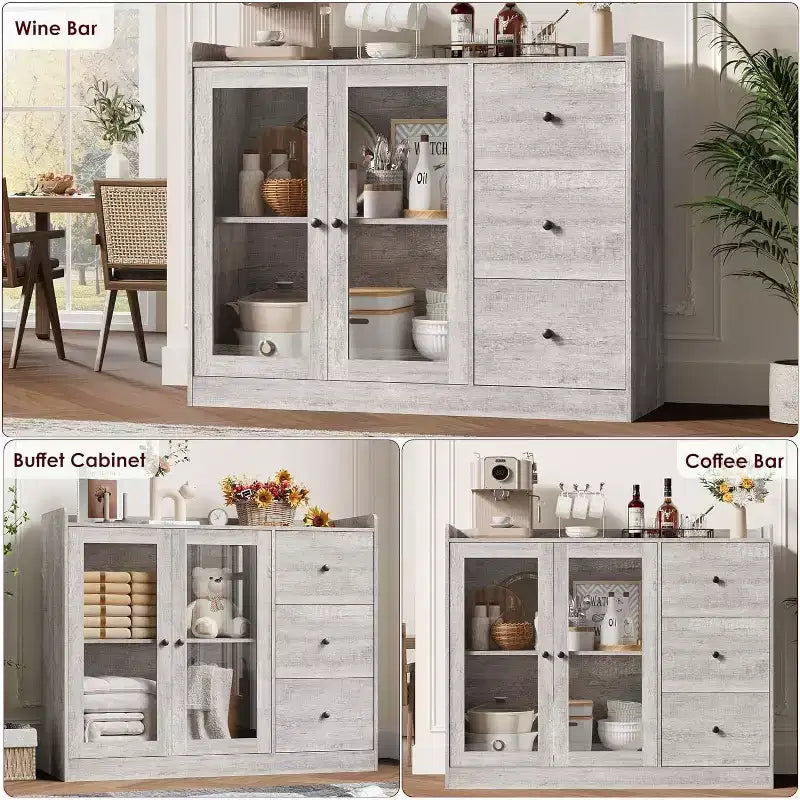 43 Buffet Cabinet, with Guardrail, Adjustable Shelves & 3 Drawers for Kitchen, Gray