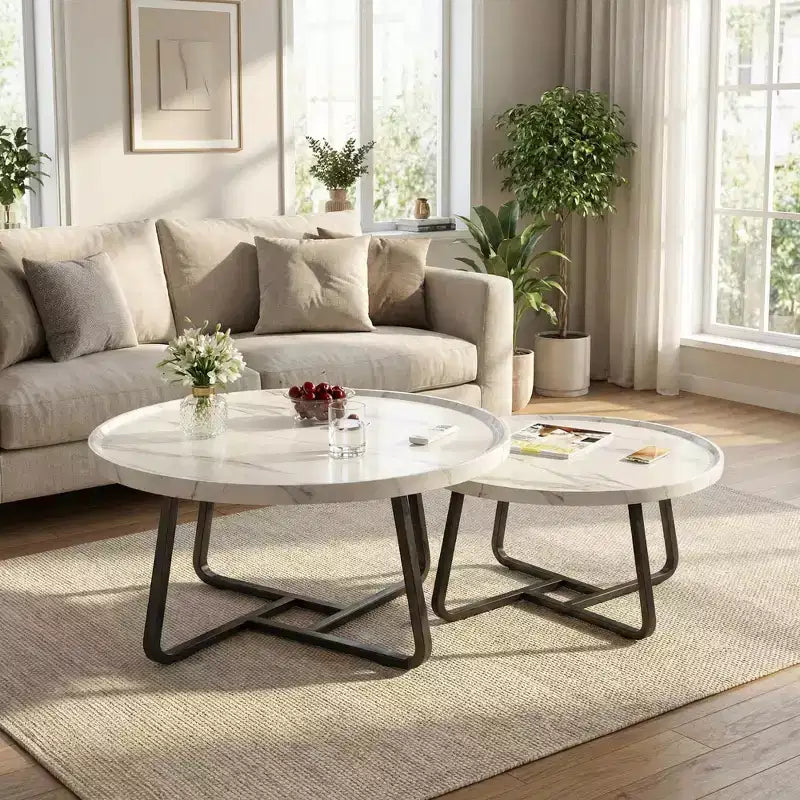 Round Nesting Coffee Table Set of 2, Tea Table for Small Spaces, Circle Wood Center Table with Fluted, Mid Century Modern Coffee Tables