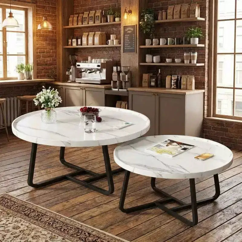 Round Nesting Coffee Table Set of 2, Tea Table for Small Spaces, Circle Wood Center Table with Fluted, Mid Century Modern Coffee Tables