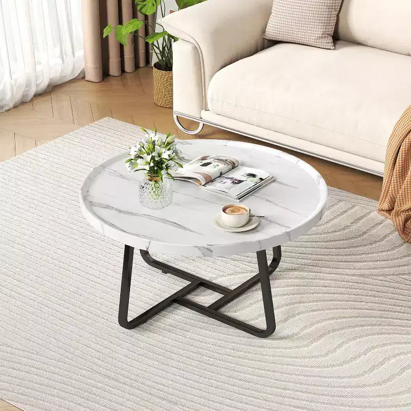 Round Nesting Coffee Table Set of 2, Tea Table for Small Spaces, Circle Wood Center Table with Fluted, Mid Century Modern Coffee Tables