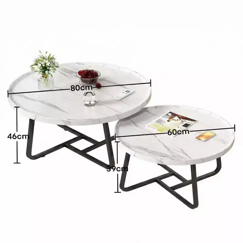 Round Nesting Coffee Table Set of 2, Tea Table for Small Spaces, Circle Wood Center Table with Fluted, Mid Century Modern Coffee Tables