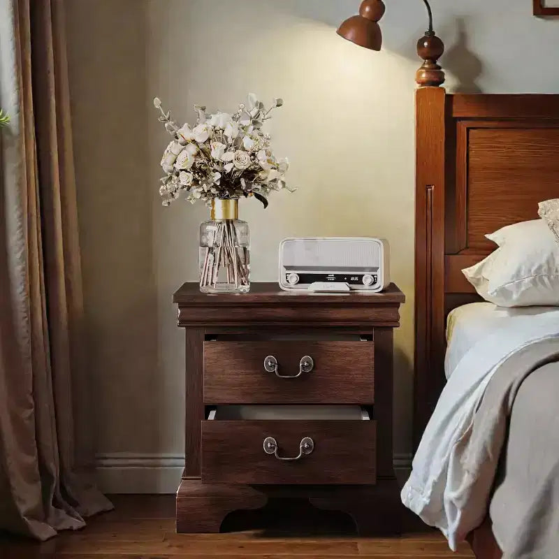 JVNOXK 22 x 16 x 22.7 Classic Wooden Nightstand, Molded Detail Design, Features 2 Drawers, Suitable for Bedrooms and Living Rooms, Cherry