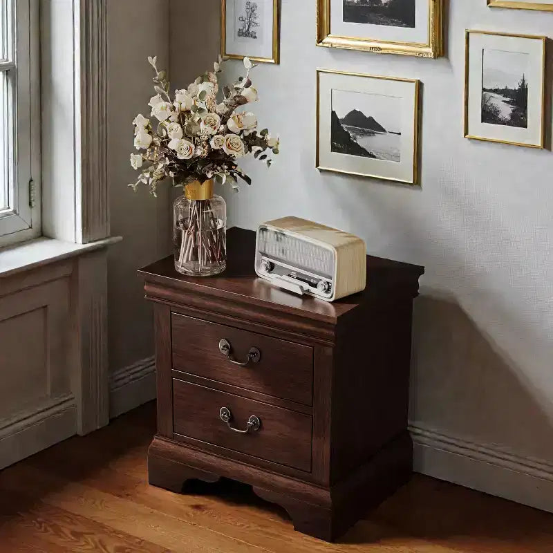 JVNOXK 22 x 16 x 22.7 Classic Wooden Nightstand, Molded Detail Design, Features 2 Drawers, Suitable for Bedrooms and Living Rooms, Cherry