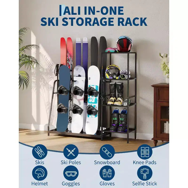 Ski Storage Rack, 48 x 12 x 46, Heavy Duty Freestanding Steel Ski Organizer for 4-Pair Skis, Snowboard, Boots, Poles, Helmet & Goggles