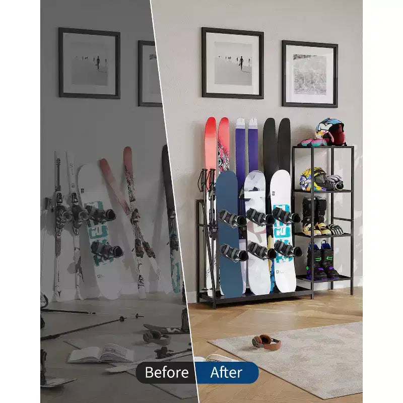 Ski Storage Rack, 48 x 12 x 46, Heavy Duty Freestanding Steel Ski Organizer for 4-Pair Skis, Snowboard, Boots, Poles, Helmet & Goggles