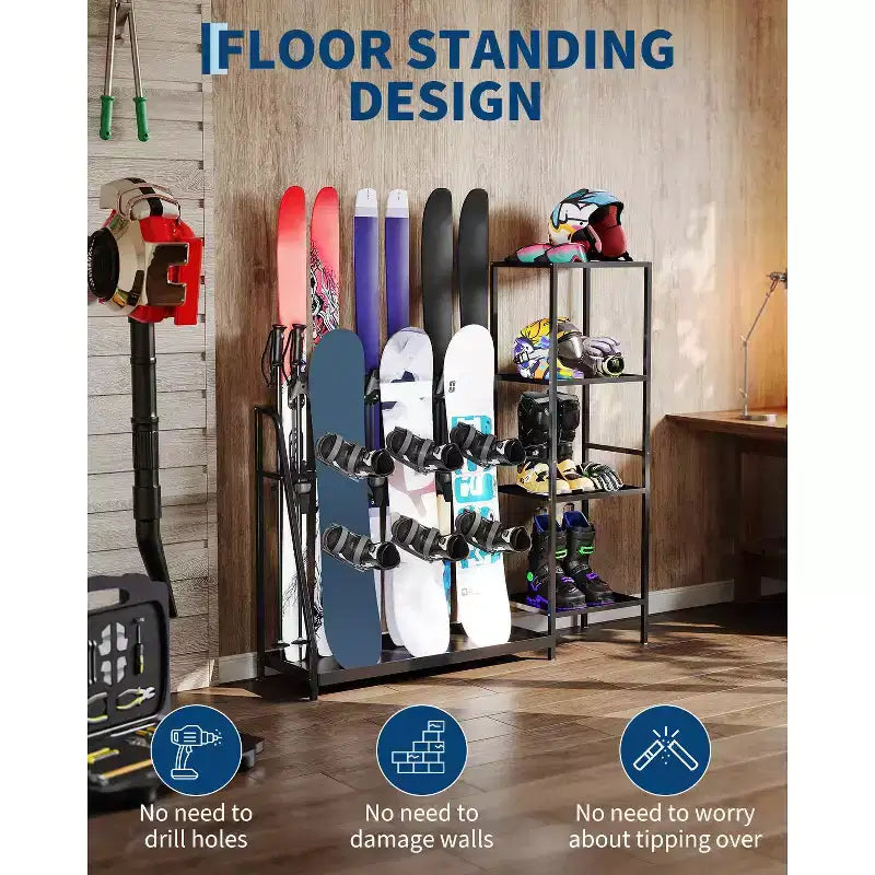 Ski Storage Rack, 48 x 12 x 46, Heavy Duty Freestanding Steel Ski Organizer for 4-Pair Skis, Snowboard, Boots, Poles, Helmet & Goggles