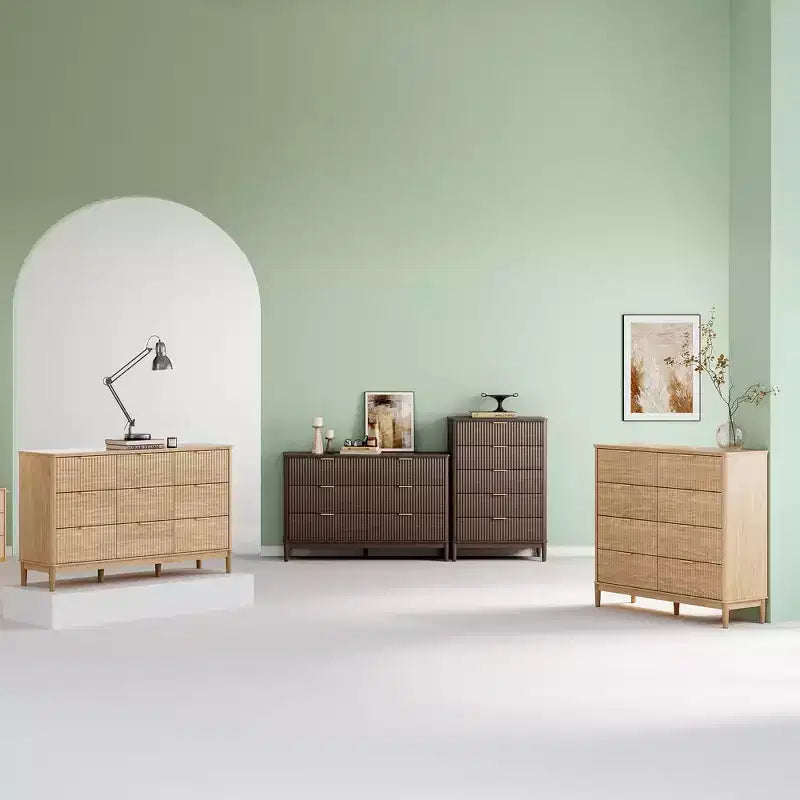 LINSY HOME Fluted 8 Drawer Dresser for Bedroom, Mid Century Modern Large Chest of Drawers with Gold Metal Handles, Wide Boho Wood Dressers