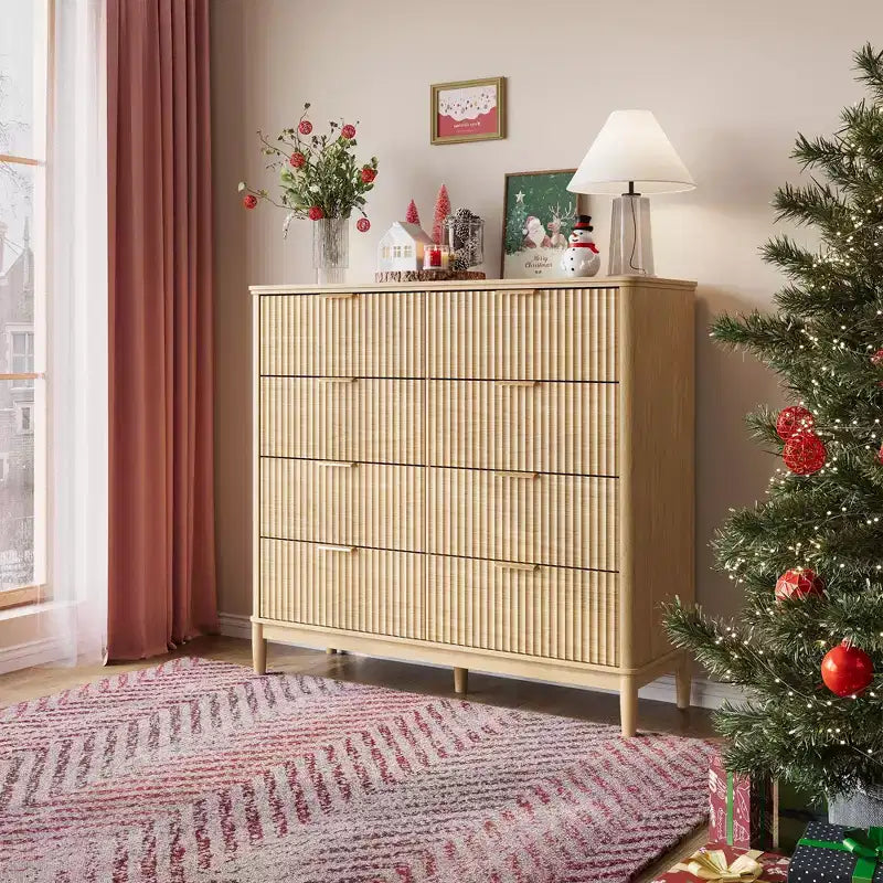 LINSY HOME Fluted 8 Drawer Dresser for Bedroom, Mid Century Modern Large Chest of Drawers with Gold Metal Handles, Wide Boho Wood Dressers