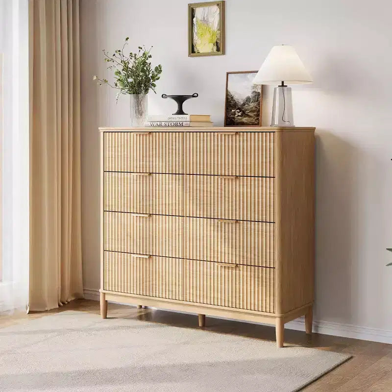 LINSY HOME Fluted 8 Drawer Dresser for Bedroom, Mid Century Modern Large Chest of Drawers with Gold Metal Handles, Wide Boho Wood Dressers