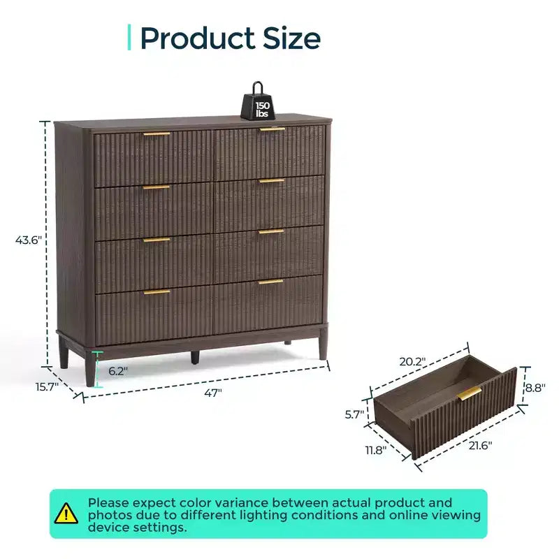LINSY HOME Fluted 8 Drawer Dresser for Bedroom, Mid Century Modern Large Chest of Drawers with Gold Metal Handles, Wide Boho Wood Dressers