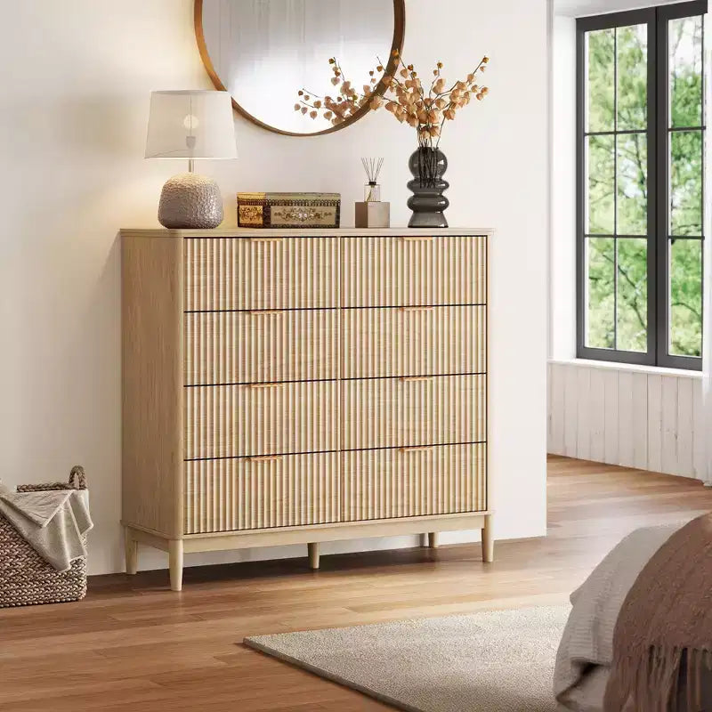 LINSY HOME Fluted 8 Drawer Dresser for Bedroom, Mid Century Modern Large Chest of Drawers with Gold Metal Handles, Wide Boho Wood Dressers