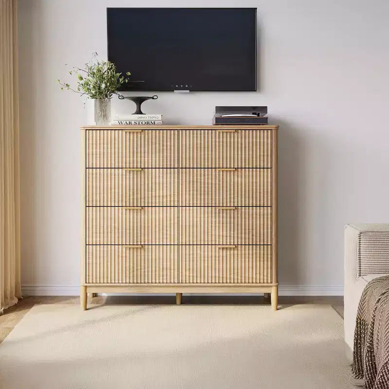 LINSY HOME Fluted 8 Drawer Dresser for Bedroom, Mid Century Modern Large Chest of Drawers with Gold Metal Handles, Wide Boho Wood Dressers