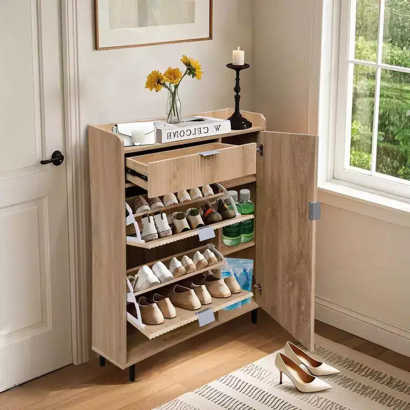 Shoe Storage Cabinet with 2 Flip Drawers, Hidden Shoe Organizer with Adjustable Shelves & Metal Leg, Freestanding Shoe Rack for Entryway, Living Room