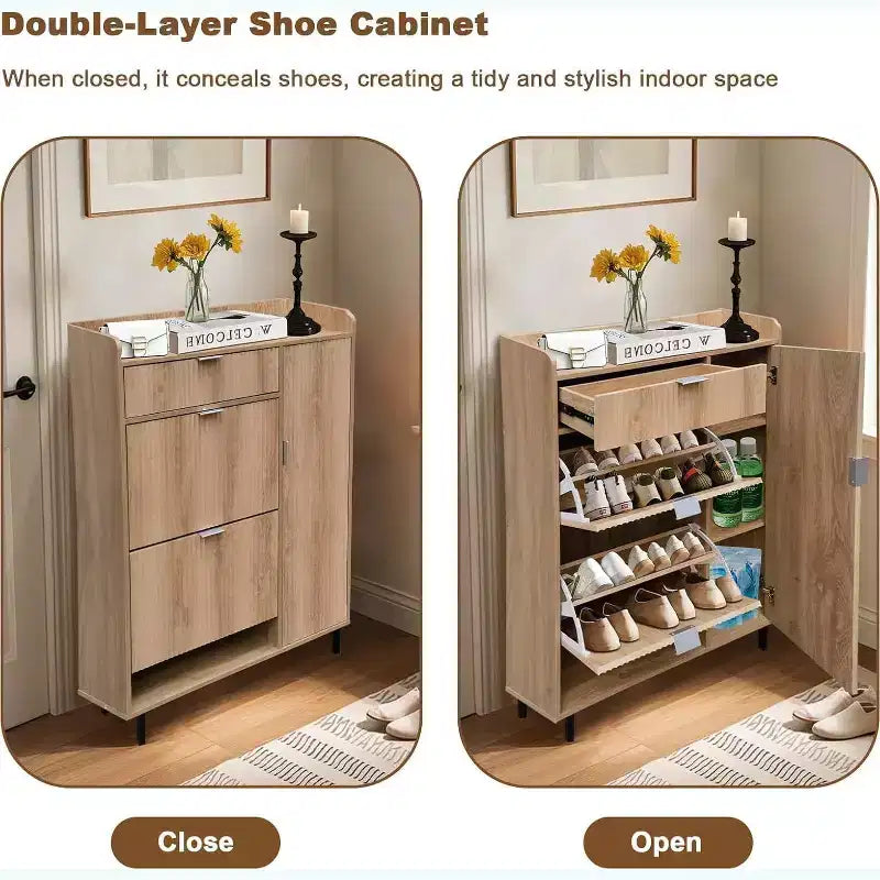 Shoe Storage Cabinet with 2 Flip Drawers, Hidden Shoe Organizer with Adjustable Shelves & Metal Leg, Freestanding Shoe Rack for Entryway, Living Room