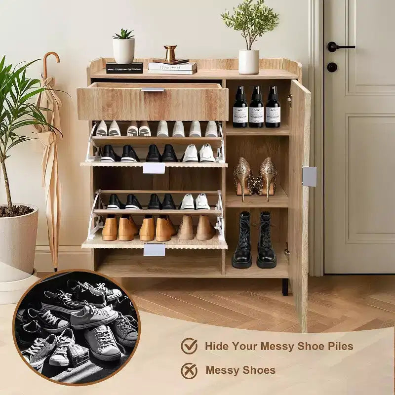 Shoe Storage Cabinet with 2 Flip Drawers, Hidden Shoe Organizer with Adjustable Shelves & Metal Leg, Freestanding Shoe Rack for Entryway, Living Room