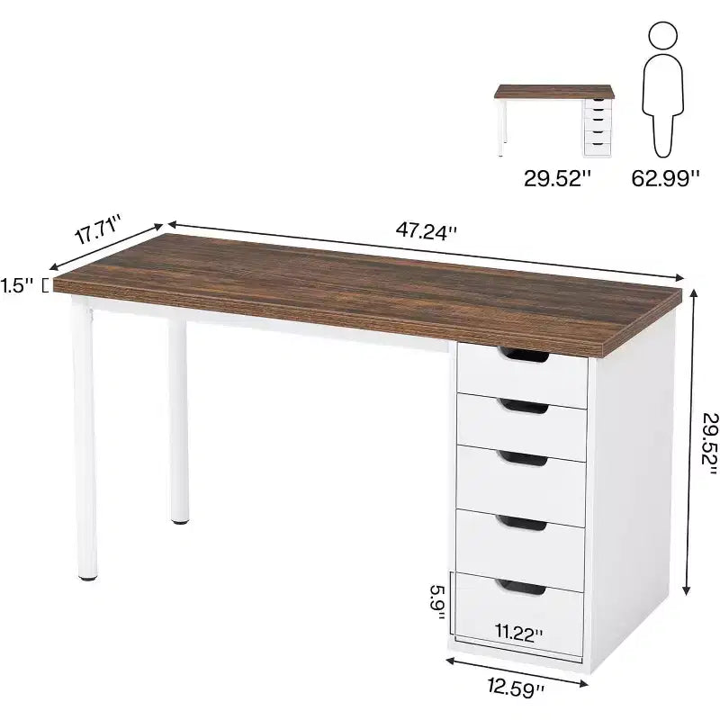 47 Rustic Brown Computer Desk with 5 Drawers, Modern Storage & Reversible Cabinet for Small Home Office Spaces