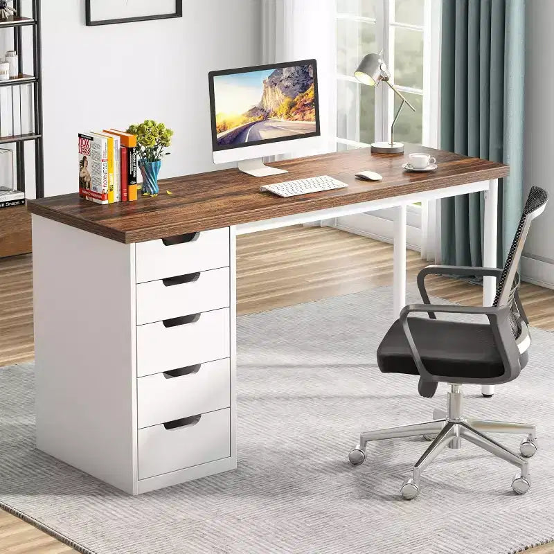 47 Rustic Brown Computer Desk with 5 Drawers, Modern Storage & Reversible Cabinet for Small Home Office Spaces