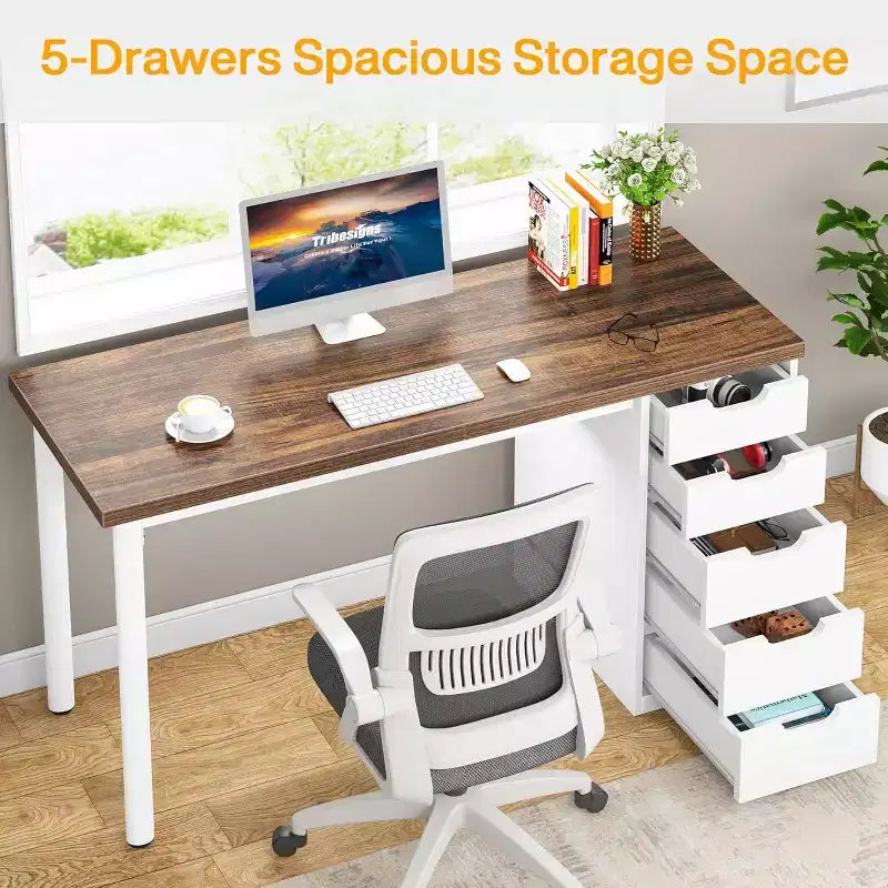 47 Rustic Brown Computer Desk with 5 Drawers, Modern Storage & Reversible Cabinet for Small Home Office Spaces