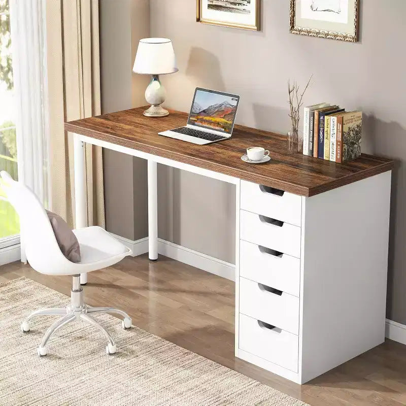 47 Rustic Brown Computer Desk with 5 Drawers, Modern Storage & Reversible Cabinet for Small Home Office Spaces