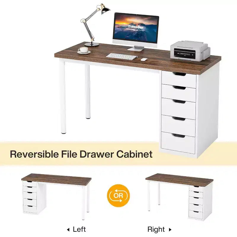47 Rustic Brown Computer Desk with 5 Drawers, Modern Storage & Reversible Cabinet for Small Home Office Spaces