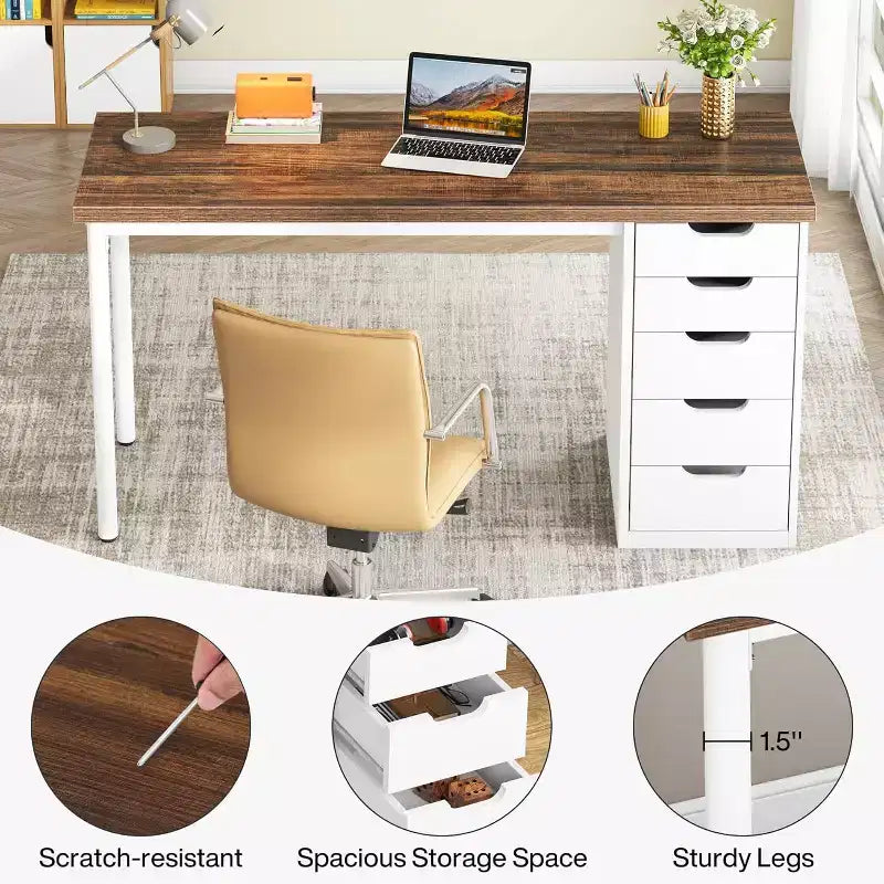 47 Rustic Brown Computer Desk with 5 Drawers, Modern Storage & Reversible Cabinet for Small Home Office Spaces