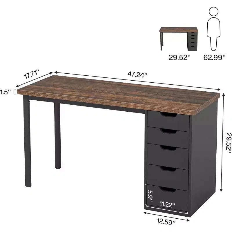 47 Rustic Brown Computer Desk with 5 Drawers, Modern Storage & Reversible Cabinet for Small Home Office Spaces