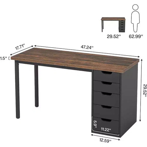Bureau informatique 47 po marron rustique avec 5 tiroirs, rangement moderne et armoire réversible pour petits bureaux à domicile