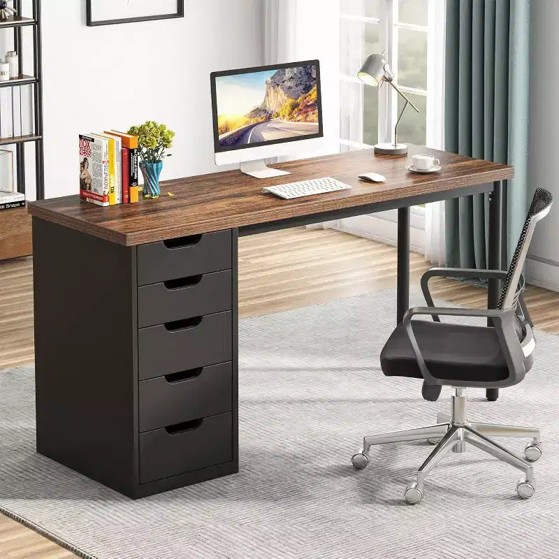 47 Rustic Brown Computer Desk with 5 Drawers, Modern Storage & Reversible Cabinet for Small Home Office Spaces