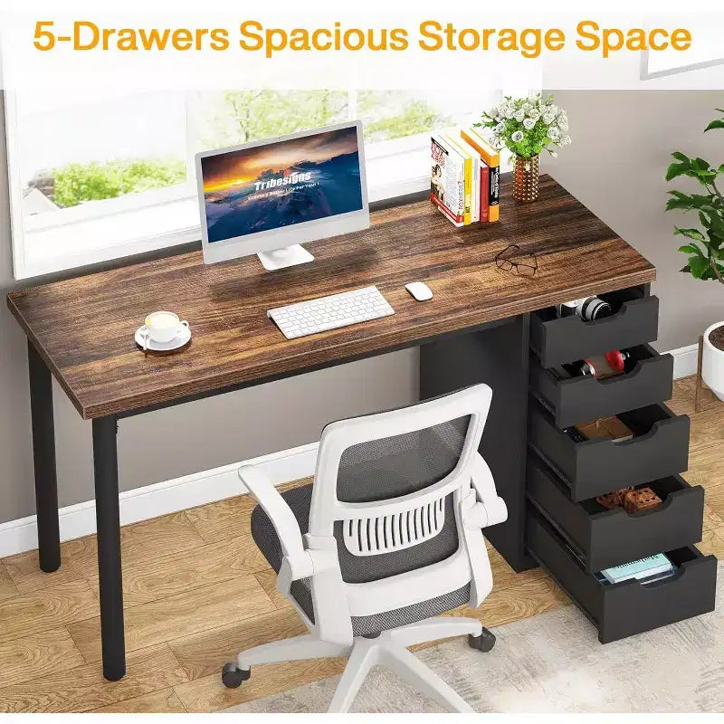 47 Rustic Brown Computer Desk with 5 Drawers, Modern Storage & Reversible Cabinet for Small Home Office Spaces