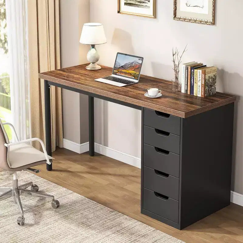 47 Rustic Brown Computer Desk with 5 Drawers, Modern Storage & Reversible Cabinet for Small Home Office Spaces